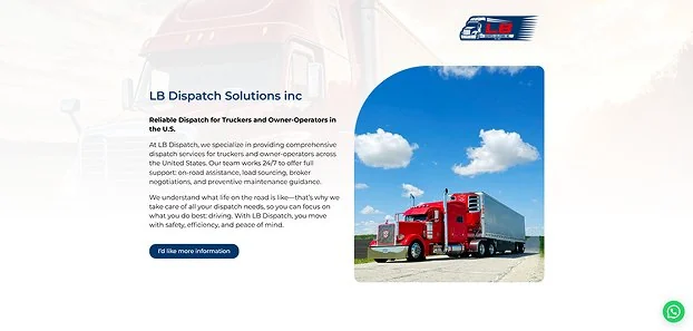 Captura de la landing page de LB Dispatch con la imagen de un camión de carga