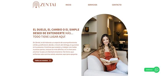 Captura de la landing page de Zentai con el titular «El duelo, el cambio o el simple deseo de entenderte más… todo tiene lugar aquí» y la foto de una mujer leyendo, enmarcada en un arco